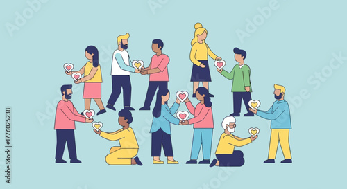 Showcase unity and empathy with this diverse group sharing hearts, ideal for campaigns promoting social good, volunteerism, corporate responsibility, and community connection.