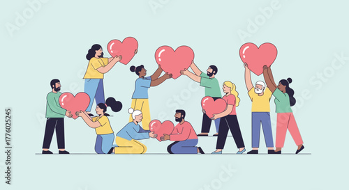 Spread the love with this diverse group holding hearts! Perfect for Valentine's Day, charity campaigns, or expressing community spirit. Use in marketing or social media.