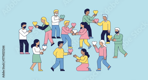 Showcase community, love, and kindness with this illustration. Perfect for social media, charity campaigns, and promoting positive values. Encourage unity and compassion today!