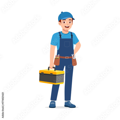 A happy Asian handyman holding a toolbox and wearing a blue uniform and cap illustration