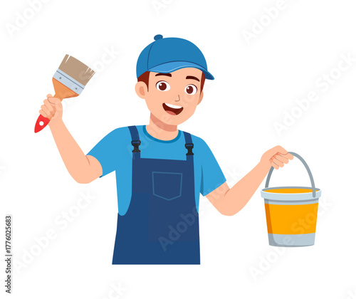 Cheerful Caucasian Man Holding Paintbrush and Paint Bucket Smiling in Blue Overalls Uniform