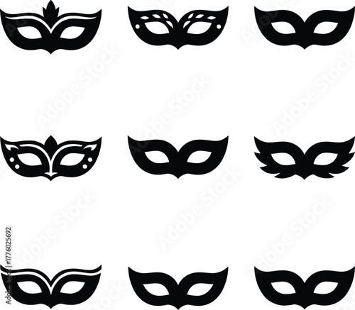Nine black silhouette masquerade masks with various decorative designs.