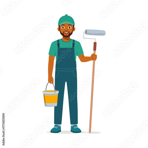 African American Man Standing with Paint Roller and Bucket Ready to Paint in Overalls