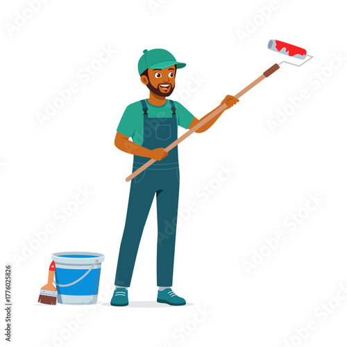 Happy African American Man Painting with Roller Wearing Overalls and Cap Illustration