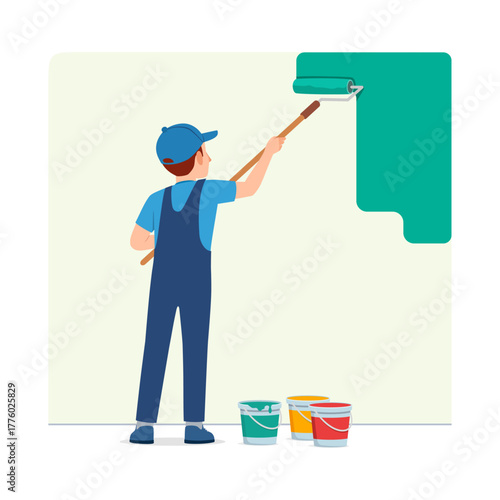 Man Painting Wall with Roller Brush Indoors Wearing Overalls and Cap Back View Art Drawing