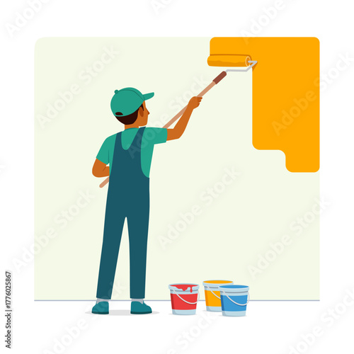African American Man Painting Wall with Roller and Color Bucket in Indoor Illustration