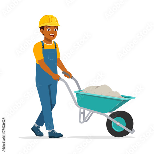 African American worker pushing wheelbarrow wearing a hardhat and overalls smiling side view