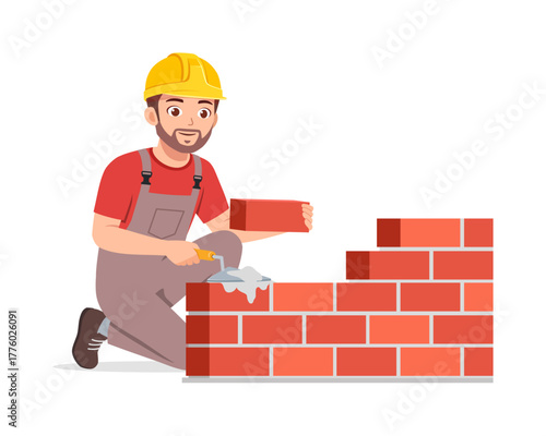 Caucasian Man Building Brick Wall with Trowel Wearing Hard Hat Smiling Happy and Cheerful