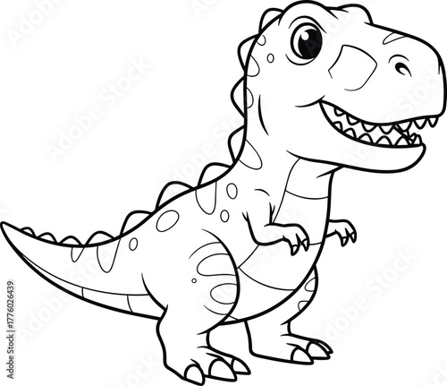 Cartoon dinosaur T rex black and white drawing, cute prehistoric animal illustration, friendly Jurassic character, simple line art coloring vector
