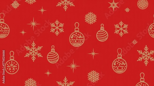Festive gold christmas ornaments and snowflakes on red background pattern