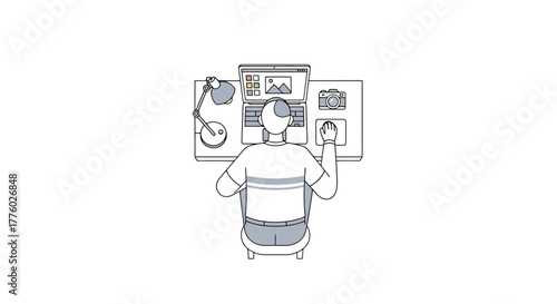 Graphic Illustration of Photographer Editing Photos on Laptop