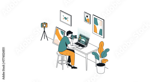 Isometric Photographer Editing Photos at Home