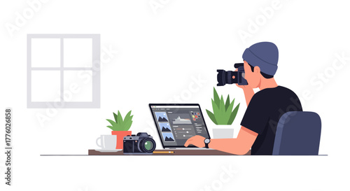 Photographer Editing Photos at Desk, Vector Illustration