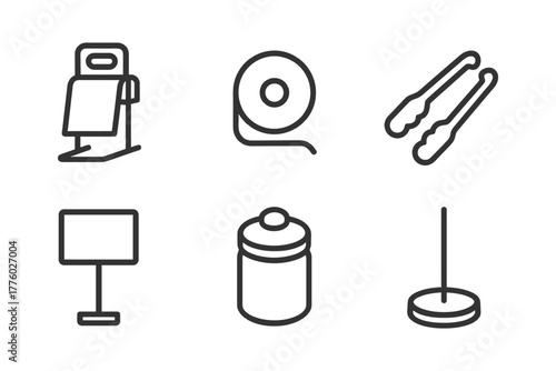 Set of six minimalist kitchen utensil icons: paper towel holder, tongs, container, and more.