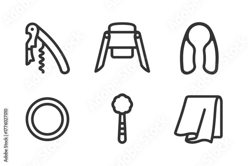 Minimalist line icons of kitchen tools: corkscrew, peeler, nutcracker, plate, sponge, towel.