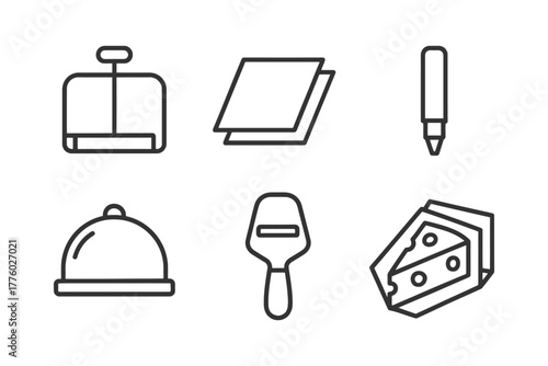 Cheese cutter and kitchen tools icons: slicer, block, marker, cover, shaver, wedge.