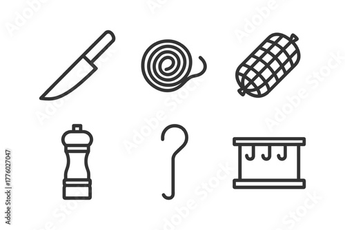 Butchery tools line icons: knife, twine, ham, pepper mill, hook, hanging rack.