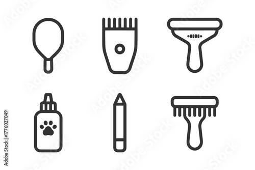 Icons of dog grooming tools: brush, clipper, comb, spray, pencil.