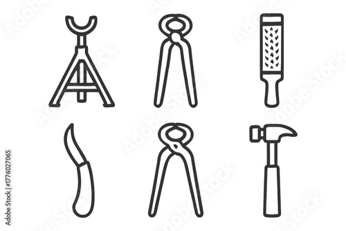 Set of six hand tools: plier, hammer, saw, knife, shear, triangle.