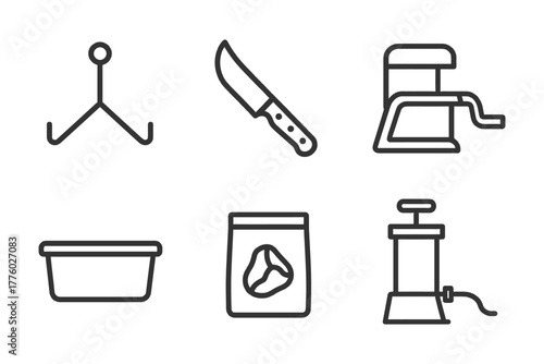 Set of meat processing tools: hook, knife, grinder, tub, packaging, stuffer.