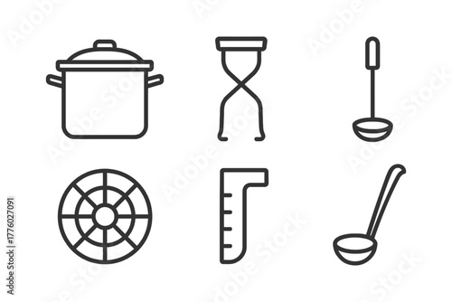 Kitchen utensil outline icons: pot, hourglass, ladle, slicer, measuring cup.