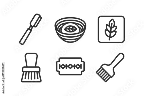 Minimalist line art icons: razor, bowl, plant, brush, razor blade, paintbrush.