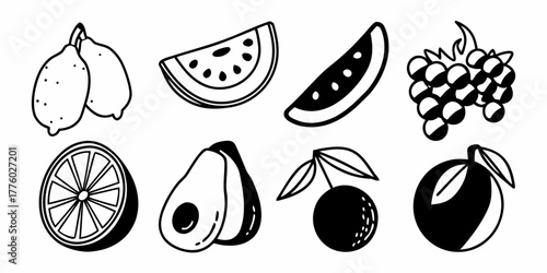 A collection of various fruits including lemons watermelon orange avocado and grapes in black and white style