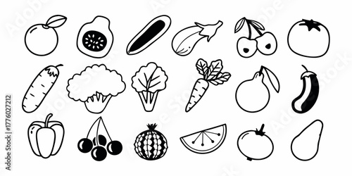 Collection of various fruits and vegetables in black and white outline doodle style vector illustration