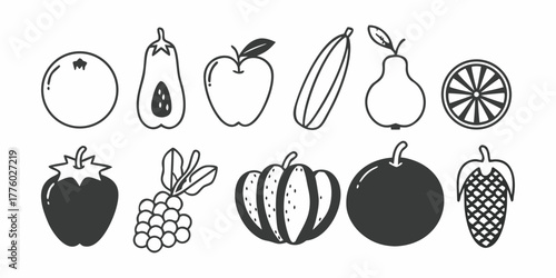 Illustration of various fruits and vegetables including citrus, apple, grapes and pumpkin design