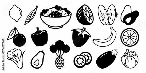 Illustration of various fruits and vegetables including onion, avocado, and bell pepper line art
