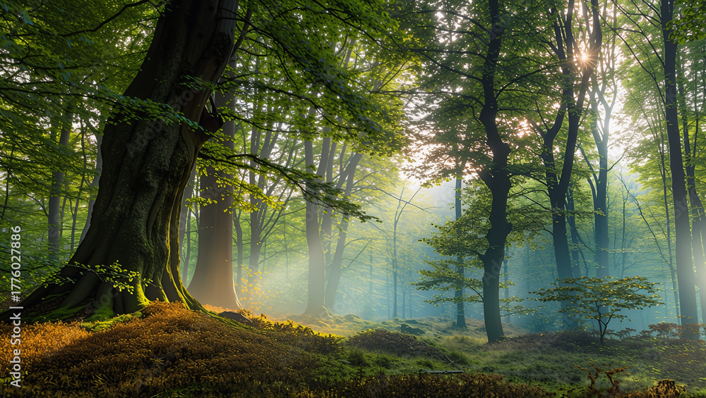 Obraz premium Enchanted Forest in Dreamy Mist — Fantasy Nature Background