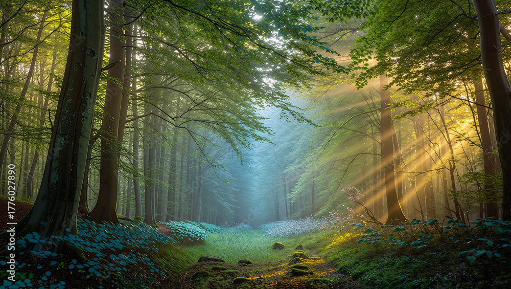 Obraz premium Enchanted Forest in Dreamy Mist — Fantasy Nature Background