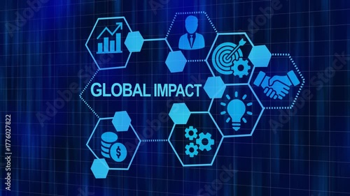 Global impact conceptual representation with business and financial icons on blue background