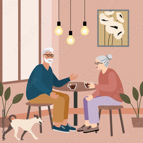 Elderly couple enjoying cup of coffee and conversation in a pet friendly coffee shop
