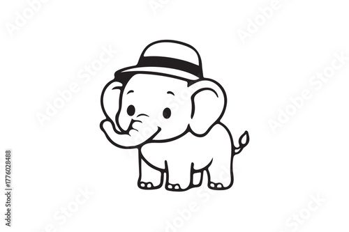 Cute cartoon elephant with panama hat vector art illustration on white background.