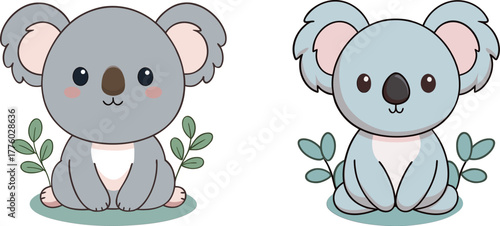 Set of two cute cartoon koala bears sitting with eucalyptus leaves, great for children's designs and Australian nature.