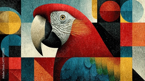Parrot portrait with geometric shapes in red white blue orange and yellow.