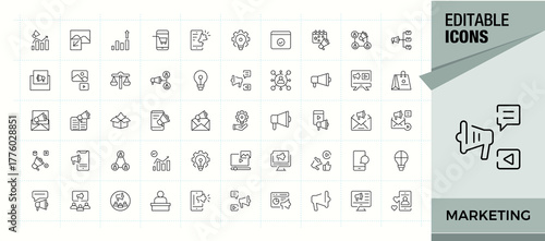 Marketing linear icon set. Vector outline icons collection. Included ads, market, advertising, campaign. Editable stroke. Advertising linear icon set.