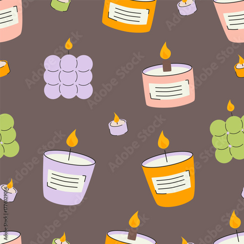 Decorative candles seamless pattern with bubble and jar candles on brown background, flat vector illustration