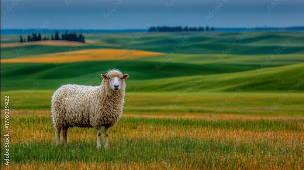 Fototapeta premium smooth green rolling hills, a single white sheep in the picture, copy and text space