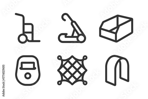 Simple line icons of trolley, vacuum cleaner, box, stopwatch, net, and magnet.