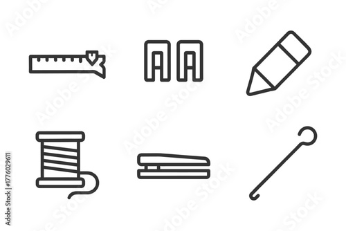 Sewing tools and stationery icons: pencil, measuring tape, thread, stapler, needle, paperclip.