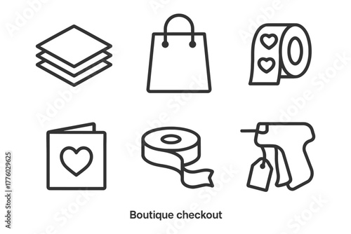Boutique checkout essentials: shopping bag, stickers, gift card, ribbon, tag gun, tissue paper.