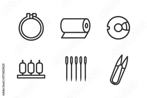 Sewing tools icons: hoop, bobbin, thimble, sewing machine, thread, needles.