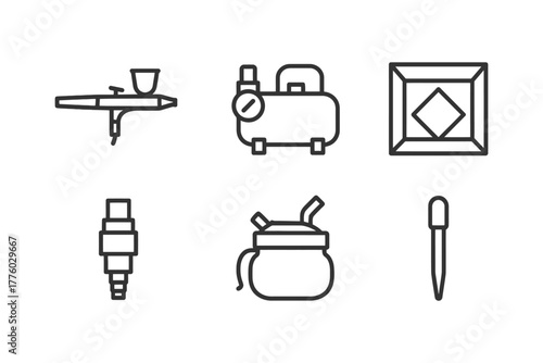 Airbrush and compressor equipment icons for painting and art projects.