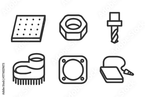 Industrial tool icons: gasket, nut, drill bit, brush, gear, corded pad.