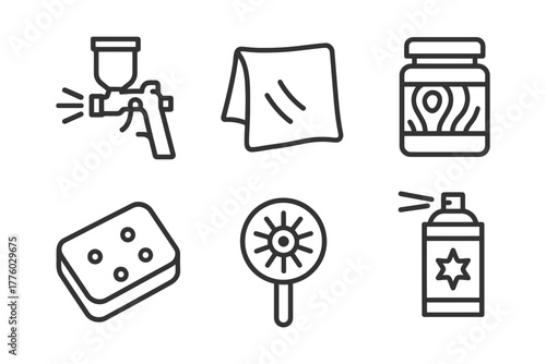 Car detailing tools icons set featuring spray gun, cloth, wax, sponge, polish, spray can.