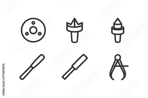 Machining tools set: countersinks, center drill, reamer and caliper icons.