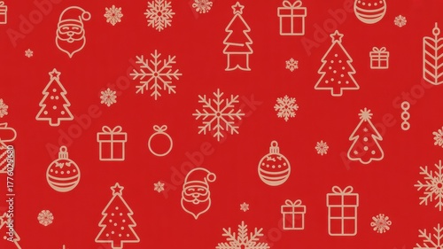 Festive red background with gold christmas icons pattern