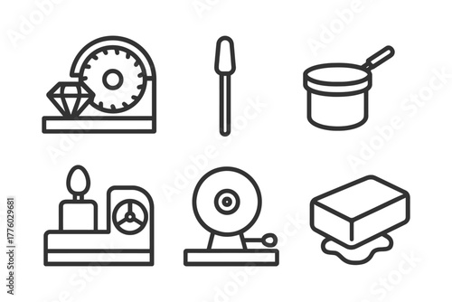 Icon set showing gem cutting, polishing tools, and soap making equipment.